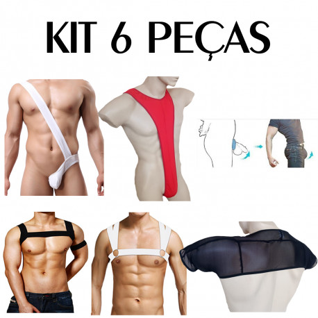 Kit 6 Peças Alça Ombro Thong Anel Escrotal bodystrap Fishnet Cuecas Sexlord Underwear